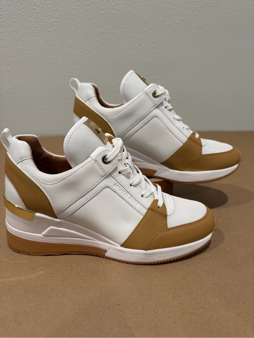 NEW! Michael Kors White and Camel Wedge Lace-Up Sneakers - Size 8